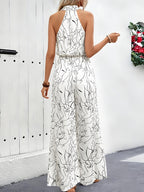 Halter Neck Stand-Up Collar Abstract Line Print Wide-Leg Jumpsuit French Elegant Holiday Style Black And White Hand-Painted Line Halter Neck Waist Side Pocket Wide-Leg Jumpsuit High Street Artistic Full Print Abstract Line Halter Neck Jumpsuit Tempe - White