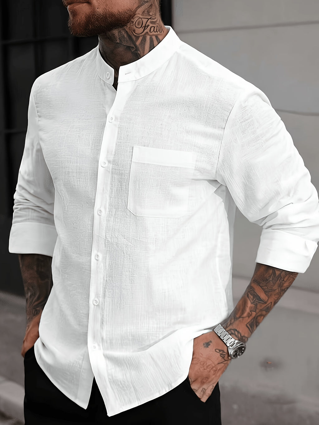 Men's Casual Stand Collar Solid Color Long Sleeve Button-Up Pocket Cardigan Shirt - White