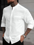 Men's Casual Stand Collar Solid Color Long Sleeve Button-Up Pocket Cardigan Shirt - White