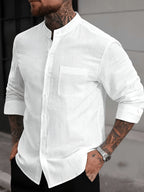 Men's Casual Stand Collar Solid Color Long Sleeve Button-Up Pocket Cardigan Shirt - White
