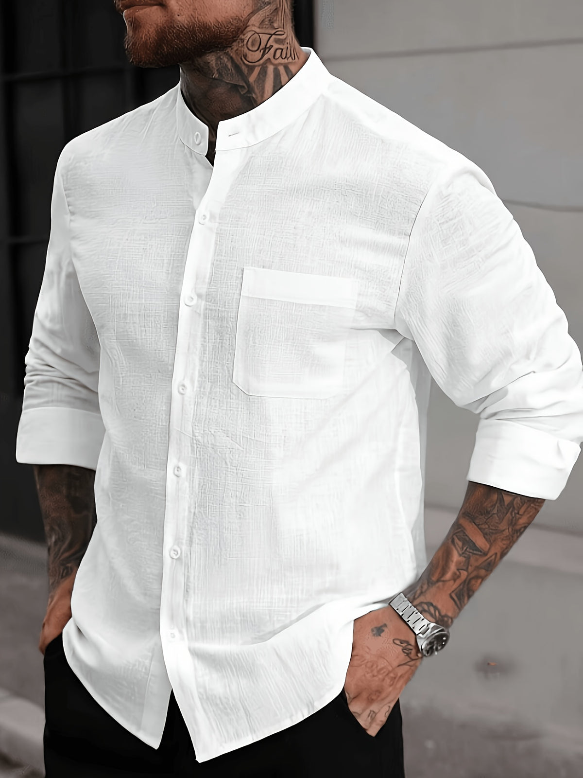 Men's Casual Stand Collar Solid Color Long Sleeve Button-Up Pocket Cardigan Shirt - White
