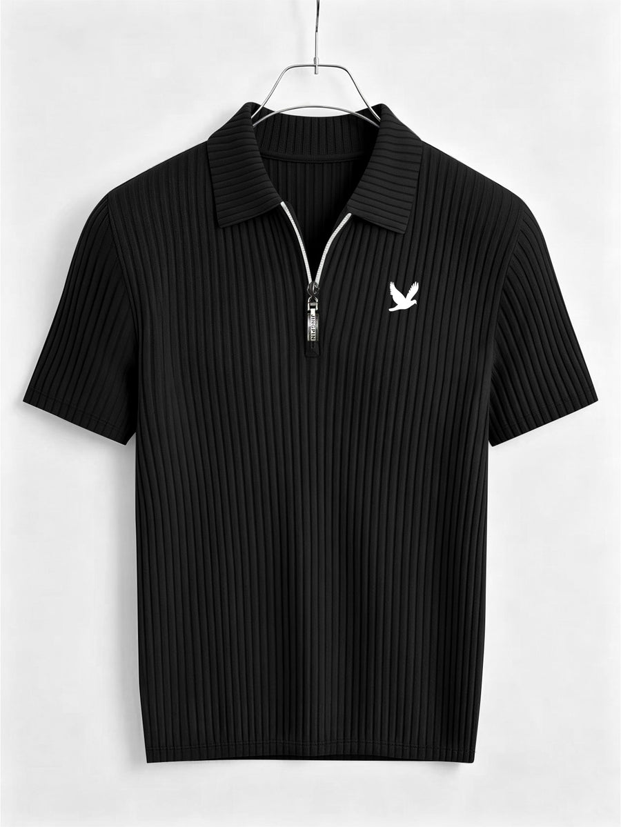 Men's Summer Casual Half-Zip Lapel Outdoor Sports Printed Short-Sleeve Polo Shirt - Black