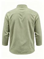 Men's Linen Long Sleeve Henley Shirt Stand Collar Loose Polo Shirt Men's Linen Zipper Casual Shirt - Olive Green