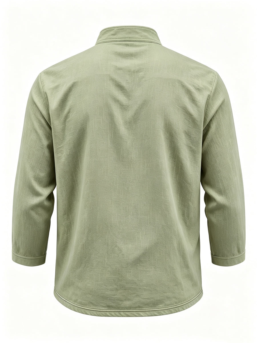 Men's Linen Long Sleeve Henley Shirt Stand Collar Loose Polo Shirt Men's Linen Zipper Casual Shirt - Olive Green