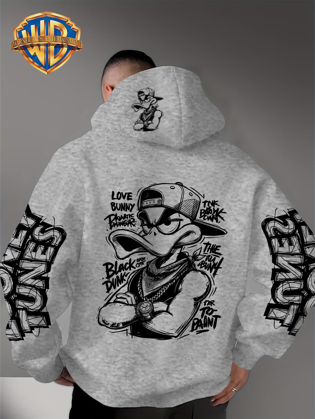 Dark Duffy Duck Pattern Print - Men'S Fashion Hoodie Sweatshirt, Trendy Sleeve Print Design, Suitable for Multi-Style Daily Wear Pullover, Soft And Delicate Touch, Helping You Be Comfortable And Stylish, Easily Mastered for Campus, Commuting - Light Grey
