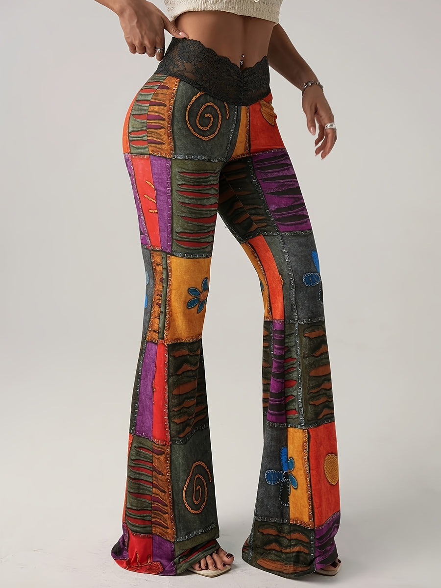 Sexy Lace Patchwork Flared Pants/Bohemian Color-Block Print/ - Mixed colors