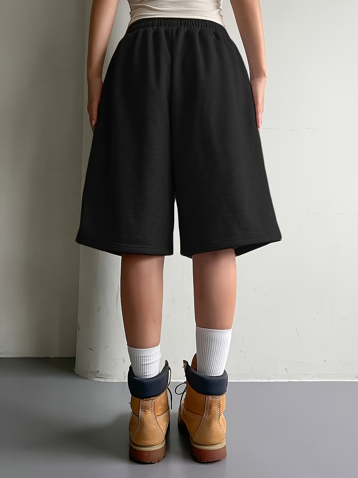 Women'S Elastic Waist Drawstring Tie Loose Bermuda Shorts, Casual Street Style, Women'S Summer - Black