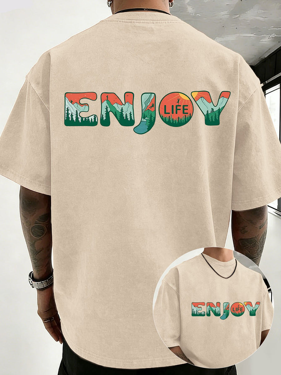 Loose Short Sleeve T-Shirt Men'S Heavyweight Pure Washed Distressed Top Trendy Double-Sided Print 12 Colors Free to Match Street Hip-Hop Style Casual Outing Sports Fitness Commuting Couple Style American Street Short Sleeve - Apricot