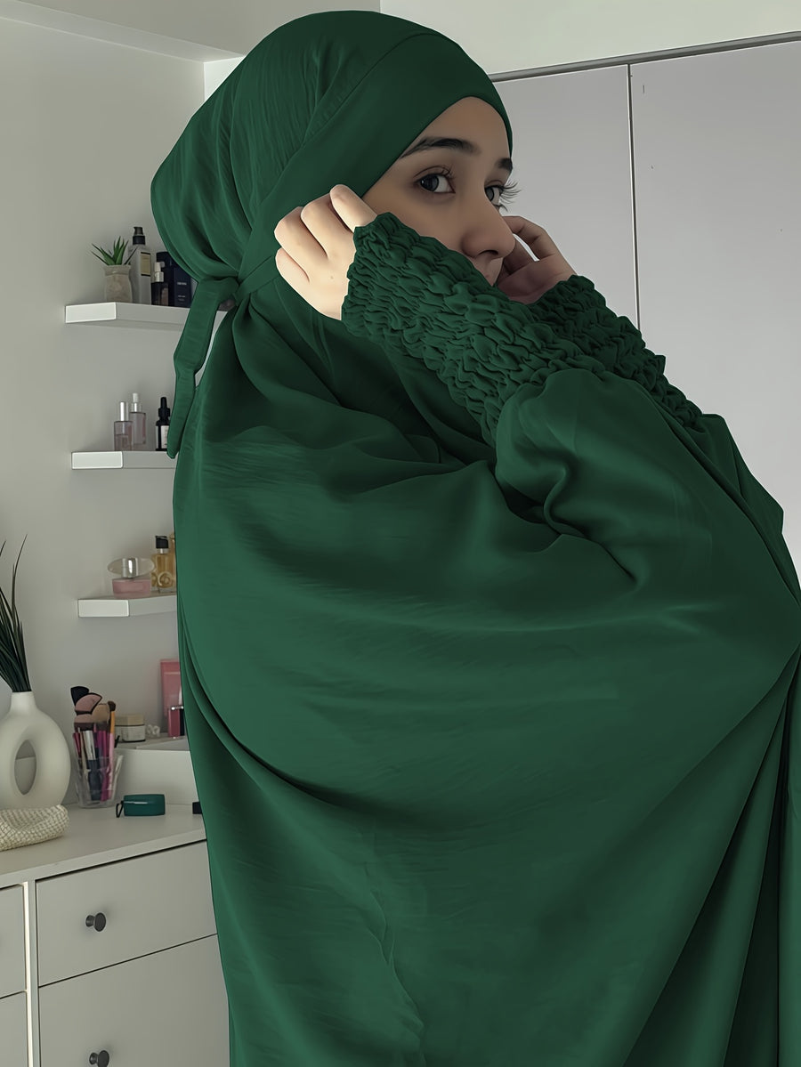 Khimar and Abaya Jilbab Dress, Loose Robe with Elastic Sleeves, High Privacy, Premium Jilbab for Muslim Women, Prayer Headscarf, Islamic Clothing, Khimar - Dark Green