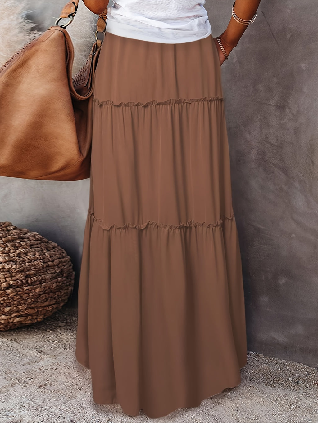 2025 Spring/Summer Rubber Waist Pleated Trim Patchwork Long Dress - Dark Brown