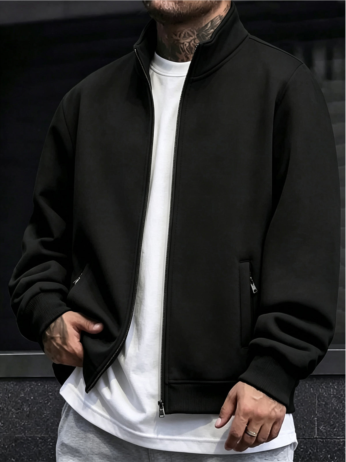Men's Stand Collar Jacket Outerwear for Outdoor Commuting, Simple Casual Long Sleeve Spring/Autumn Pocket Style with Ribbed Cuffs, Full Zipper Closure, Side Zipper Pockets, Cardigan Jacket - Black