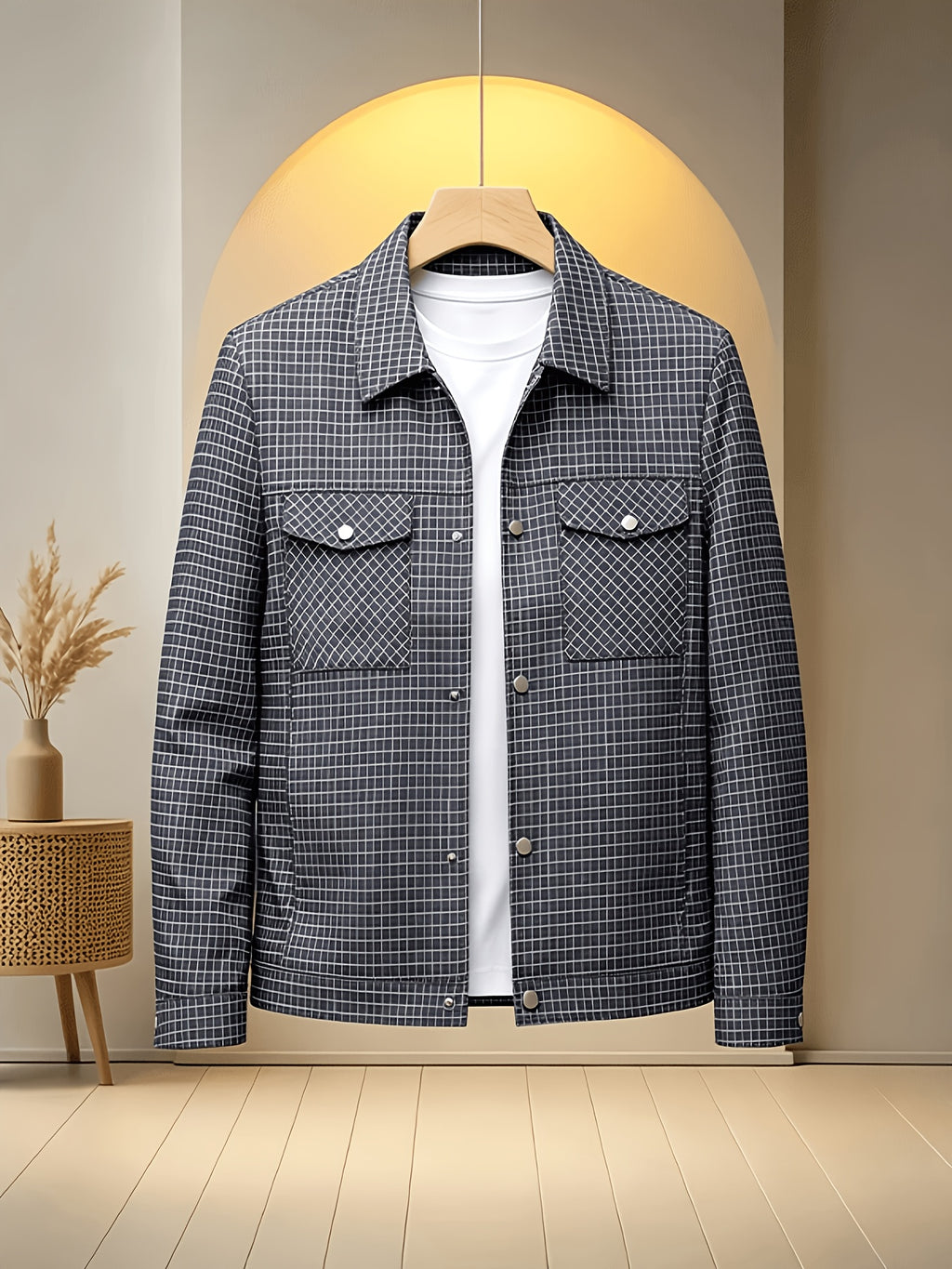 Men'S Plaid Lapel Button-Front Jacket, 100% Polyester Breathable Anti-Scratch Quick-Dry Wrinkle-Resistant Office Daily Casual Outerwear - Navy Color