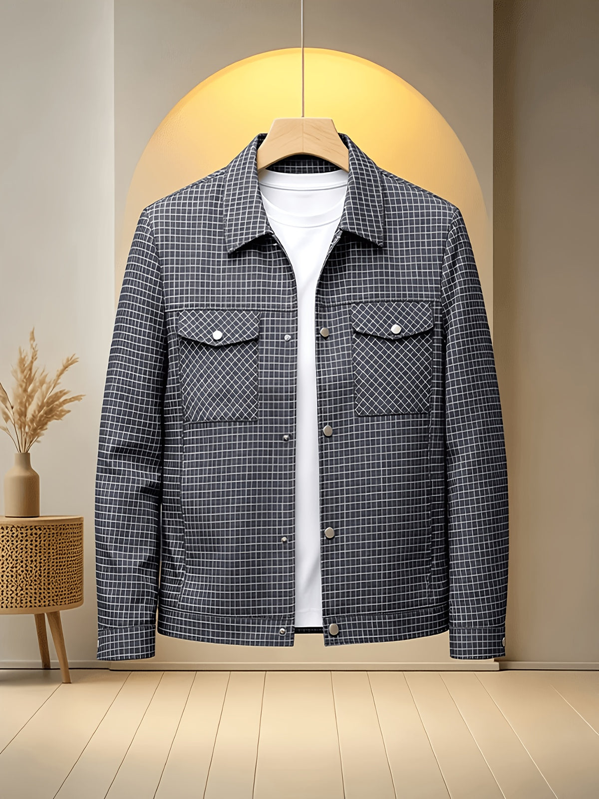Men'S Plaid Lapel Button-Front Jacket, 100% Polyester Breathable Anti-Scratch Quick-Dry Wrinkle-Resistant Office Daily Casual Outerwear - Navy Color