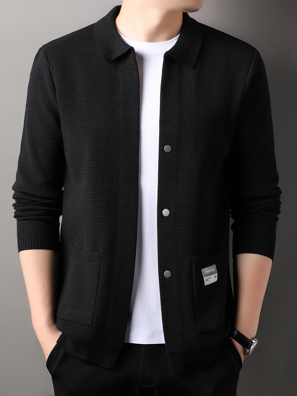 [Wading Whale OBM] Spring/Summer New Men'S Knit Cardigan, Old Money Style Solid Color Lapel Long Sleeve Open Front Sweater Jacket with Single Button Closure And Side Pockets, Suitable for Spring And Autumn Layering Or Outerwear - Black
