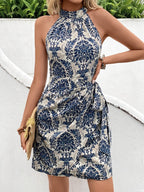 Frenchy Women's Summer Hative Allover Print Trie Tie Halter Neck Dress - Deep Blue