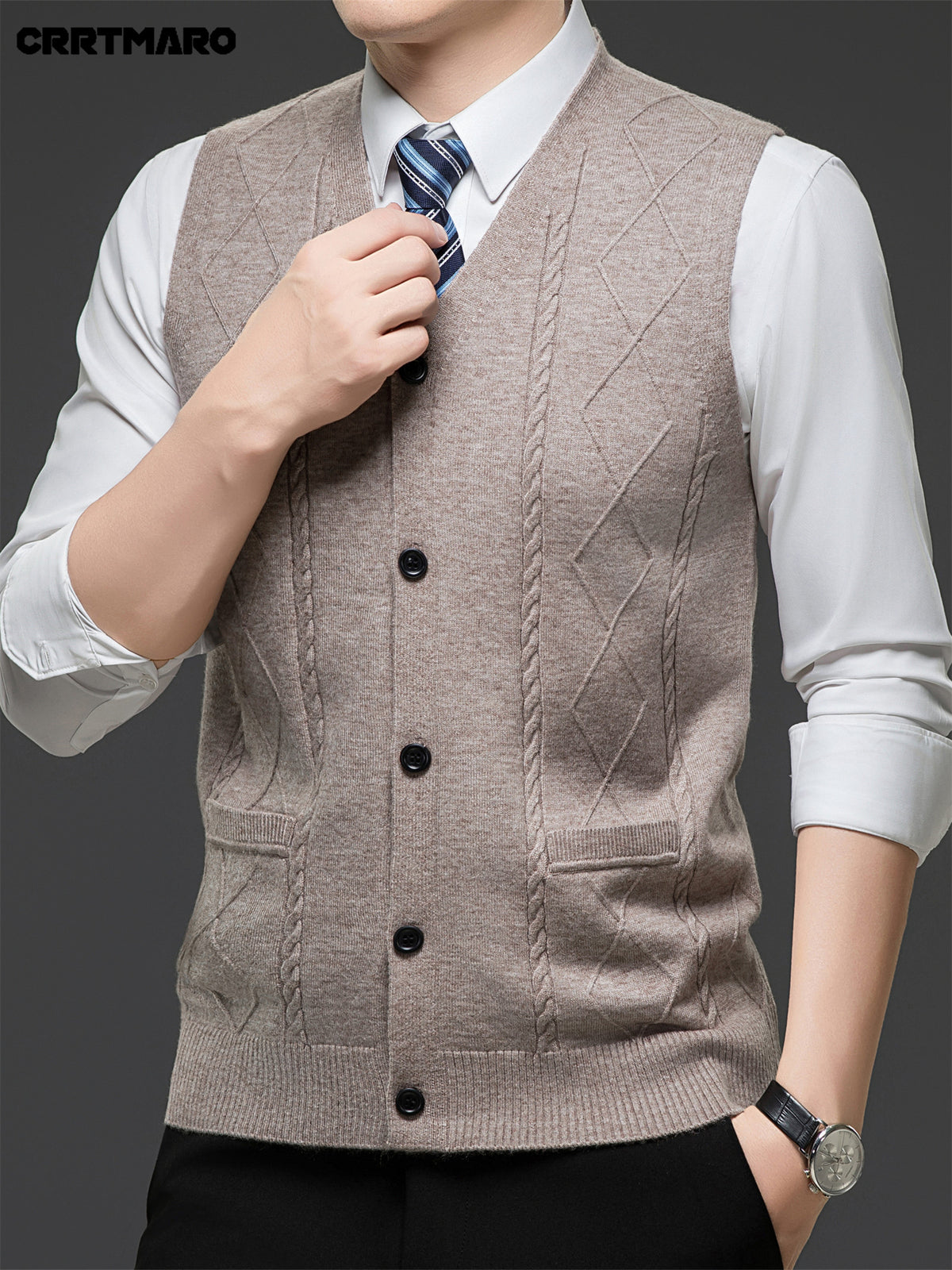 Men's Jacquard, Solid Color Knit Cardigan, Warm Casual Layering Top for Fall and Winter - Camel