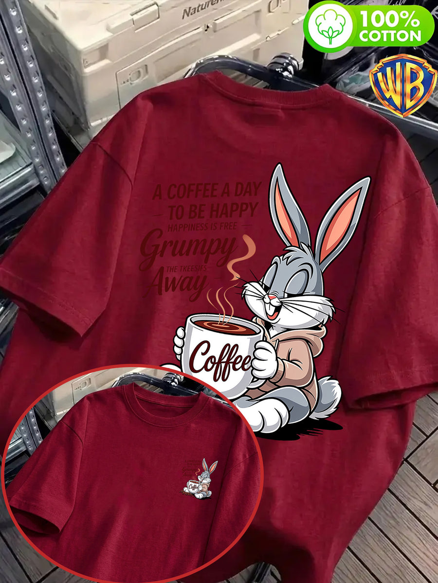 Coffee Healing Rabbit Front And Back Print Men'S T-Shirt, Unisex Fashion Top, Breathable And Sweat-Absorbing, Nontacky Back, Body Shaping, Casual Versatile, Suitable for Commuting, Fitness, Outdoor Activities, Street Style, Beach Vacation - Burgundy