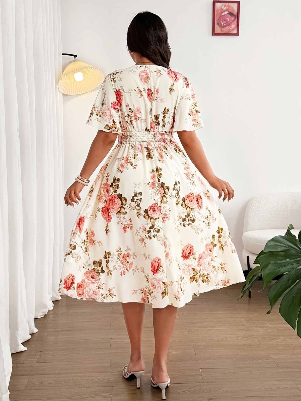 Plus Size - Summer Women'S Plus Size Women'S Summer Fashion Elegant Temperament Bohemian Floral Print Mid-Length Short-Sleeved Head Set V-Neck Loose Elastic Waist Lotus Leaf Sleeves Suitable for Vacation, Weddings, Formal Occasions, Festivals - Apricot
