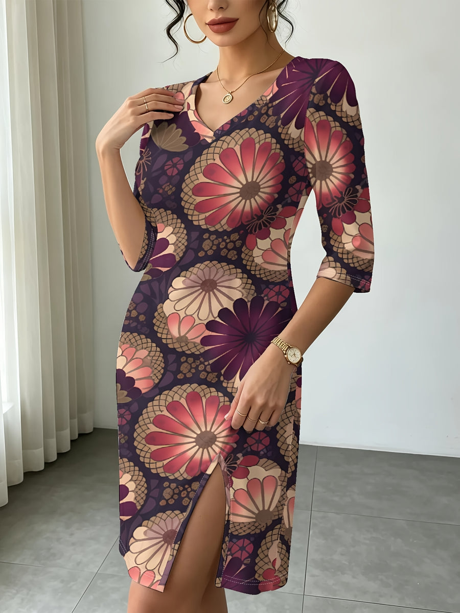Vintage Round FloralWomen Fall Winter V Neck Slit Dress, Daily Casual Gift Giving Party, Elegant Business Commute, Figure Flattering Trendy Digital Print. - Multicolor