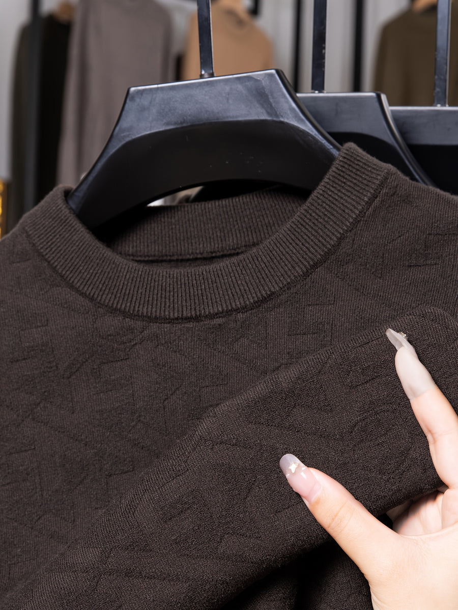 Men'S Round Neck Jacquard Sweater Spring Autumn Tight Thin Business Casual Knit Pullover Top - Coffee Color