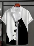 Men'S Black And White Cat Print Casual Short-Sleeve Button-Up Shirt, Suitable for Casual Wear And Vacations, Holiday Attire, Featuring a Classic Collar Design - White