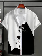 Men'S Black And White Cat Print Casual Short-Sleeve Button-Up Shirt, Suitable for Casual Wear And Vacations, Holiday Attire, Featuring a Classic Collar Design - White