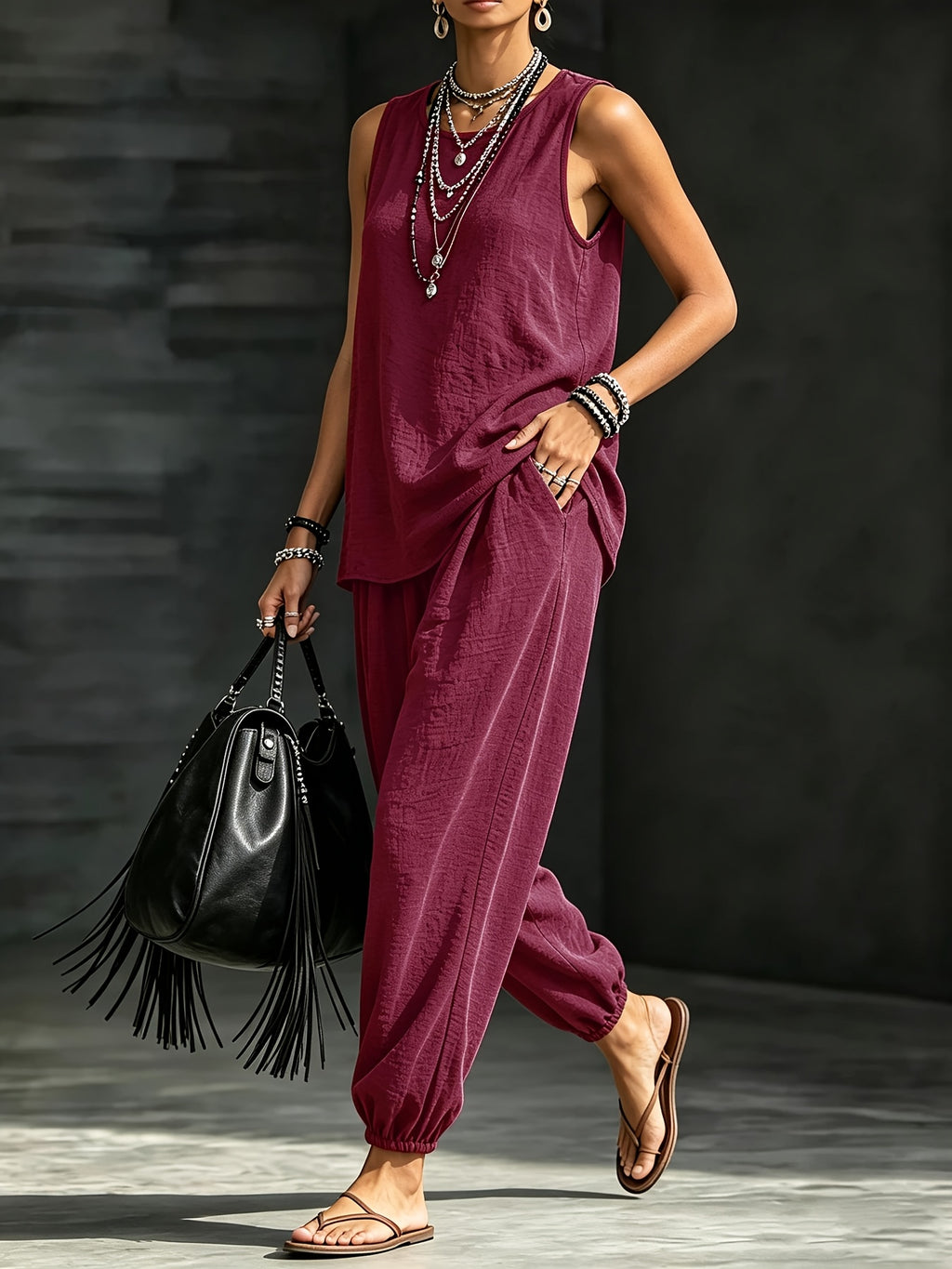 Women's Casual Vacation Solid Color 2pcs Set: Round Neck Top + Loose Fit Cuffed Pants - Burgundy