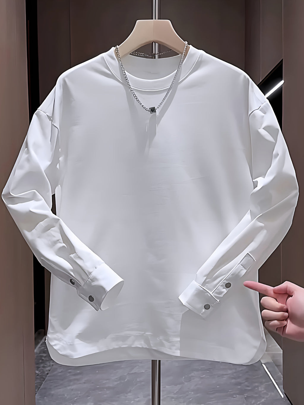 Buckle Shirt Pullover Round Neck Sporty Spring Autumn Solid Color Long Sleeve Men'S Slit Button Cuff Top - White