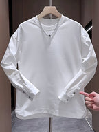 Buckle Shirt Pullover Round Neck Sporty Spring Autumn Solid Color Long Sleeve Men'S Slit Button Cuff Top - White