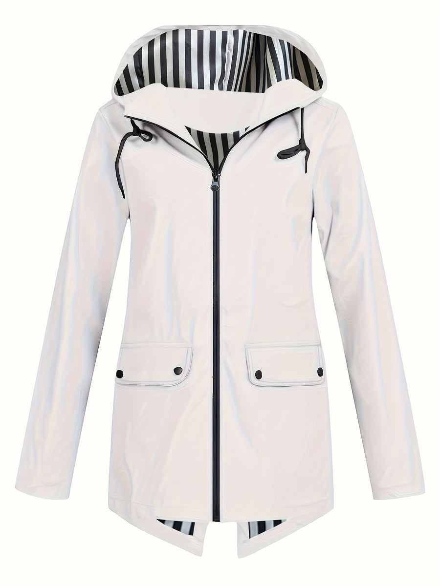 Autumn and Winter Striped Lined Hooded Windbreaker Jacket - White