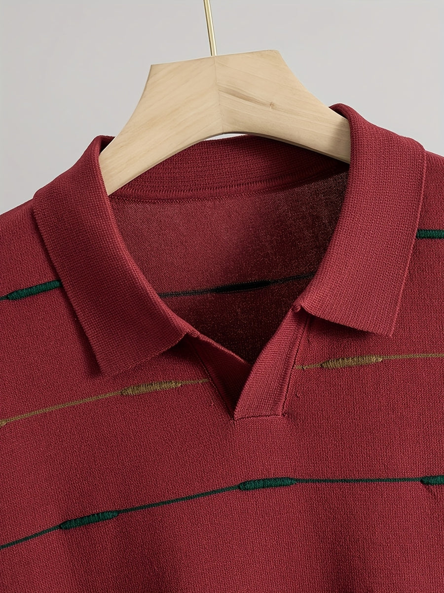 Men'S Contrast Narrow Stripe V-Neck Polo Knit Short Sleeve Summer Ice Fiber Fabric Slim Fit Breathable Top, Lightly Mature Commuter Textured Lapel Base Layer, Easy Versatile Casual Men'S Knit Polo Shirt - Burgundy