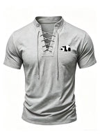 Men'S Summer New Style Henley Collar Tie-Front Short Sleeve T-Shirt, Individual And Fun Print Design with Texture, High-Elastic Regular Fit Made of Breathable And Skin-Friendly Fabric, Suitable for Daily Outings, Fishing, Outdoor Cycling, Running - Light Grey