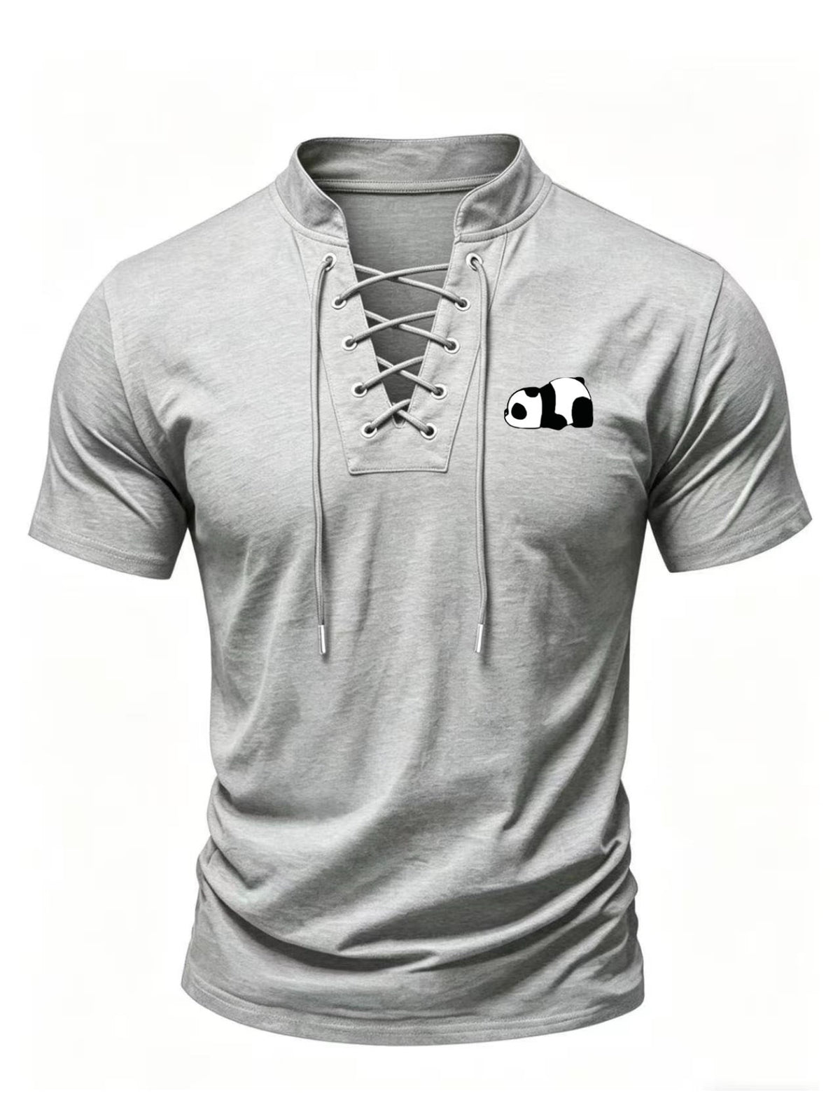 Men'S Summer New Style Henley Collar Tie-Front Short Sleeve T-Shirt, Individual And Fun Print Design with Texture, High-Elastic Regular Fit Made of Breathable And Skin-Friendly Fabric, Suitable for Daily Outings, Fishing, Outdoor Cycling, Running - Light Grey