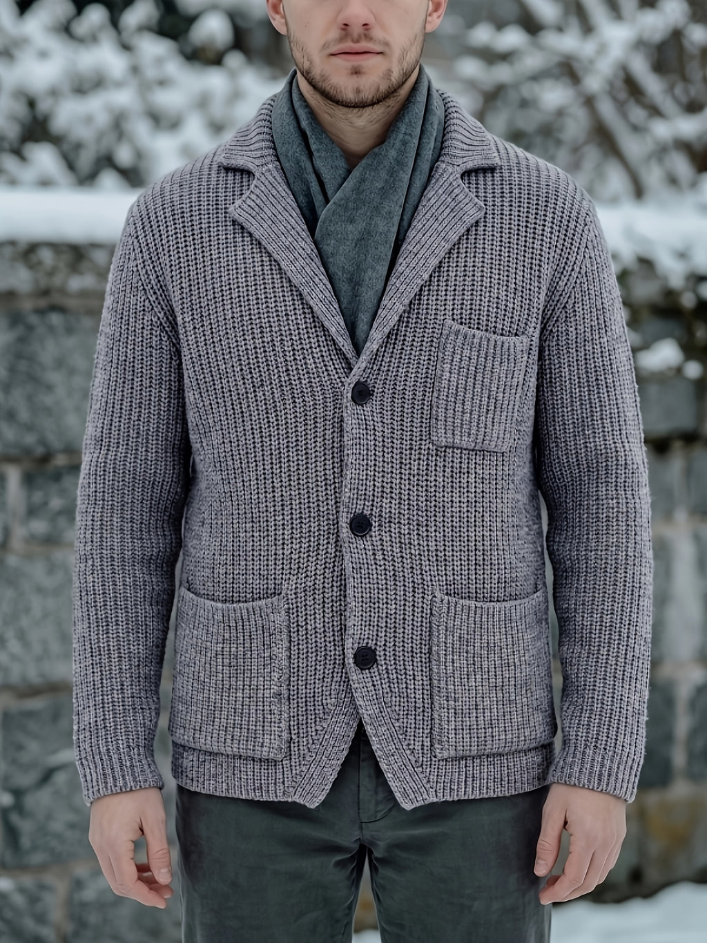 Men'S Casual Athletic Sweater, Knit Top, Men'S Chunky Gauge Suit Lapel Cardigan, Comfortable Fit, Lightly Mature Business Casual Style, Relaxed And Casual, with Button-Up Opening And Multi-Pocket Design - Grey