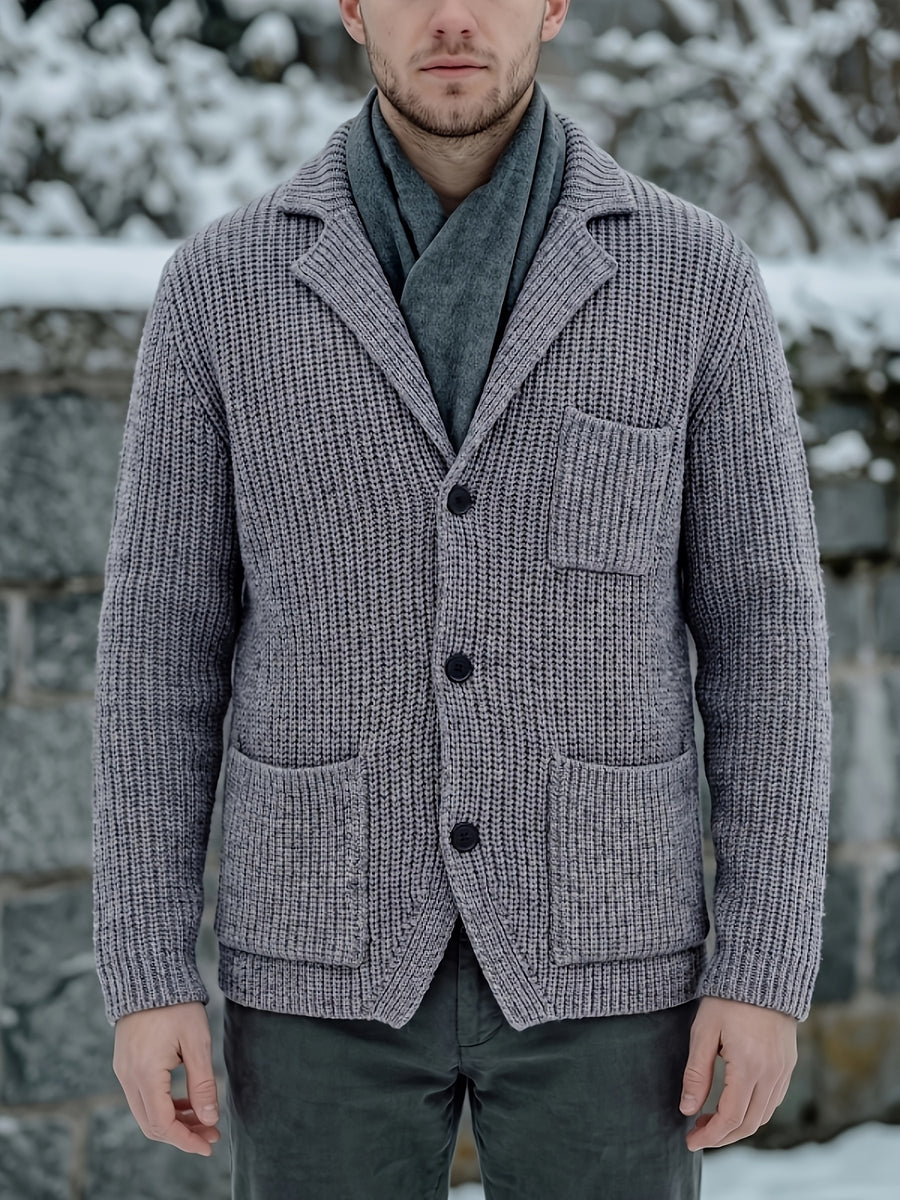 Men'S Casual Athletic Sweater, Knit Top, Men'S Chunky Gauge Suit Lapel Cardigan, Comfortable Fit, Lightly Mature Business Casual Style, Relaxed And Casual, with Button-Up Opening And Multi-Pocket Design - Grey