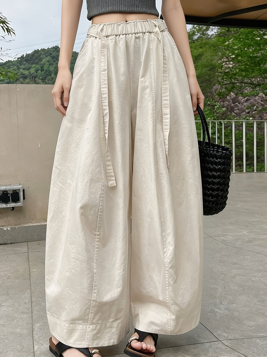 Western Style Summer High-Waist Wide-Leg Pants Women'S Loose Straight Casual Trousers Drape Elastic Waist Vacation Beach Pants Lazy Style Streetwear Inclusive XS to L Size Daily Commute Home Style Breathable Thin Texture Western Trendy Style Outdoor - Milky