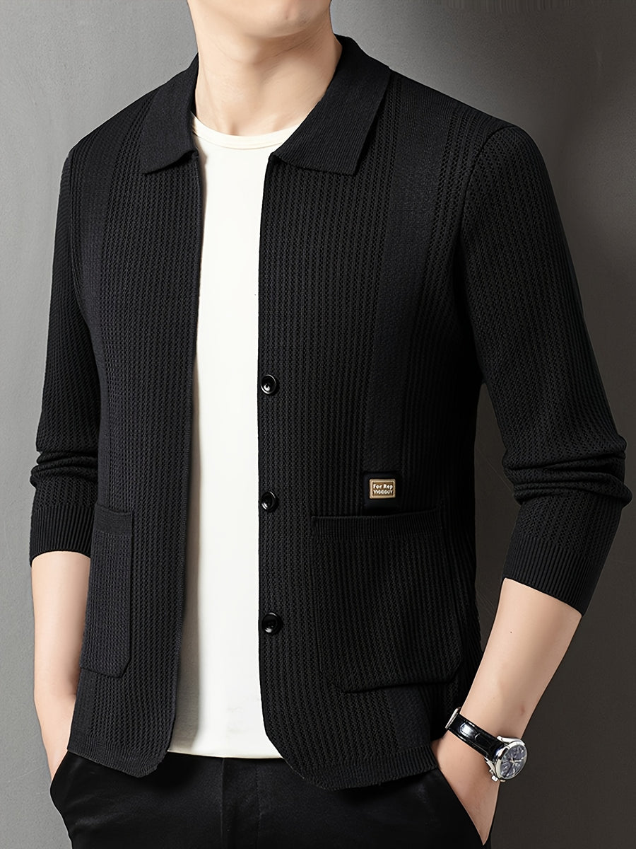 Men'S Spring Autumn Lapel Knit Jacket Cardigan - Black