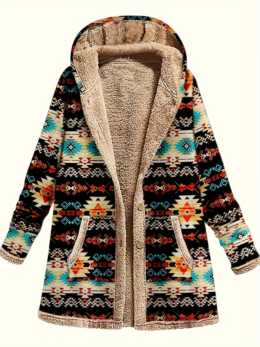 Western Women'S Warm Plush Printed Hooded Sweatshirt Jacket Casual Coat - Mixed colors