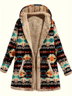 Western Women'S Warm Plush Printed Hooded Sweatshirt Jacket Casual Coat - Mixed colors