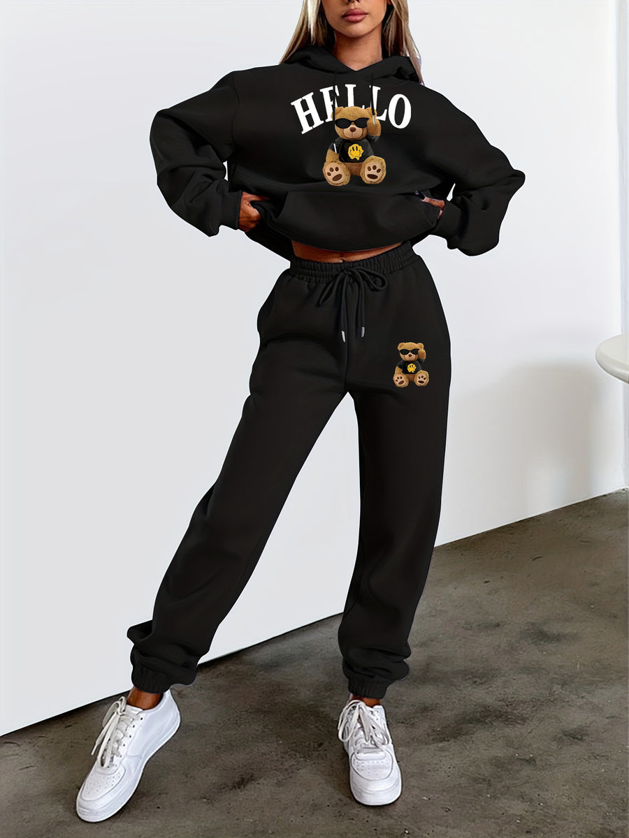Women'S Casual Long Sleeve Drawstring Letter Bear Print Outfit - Black