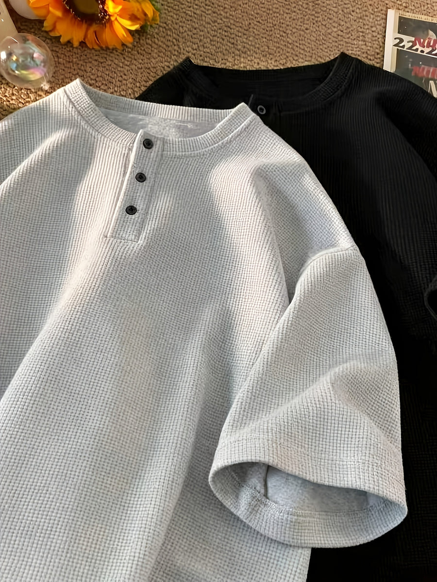 2-pc Men'S Waffle-Knit Henley T-Shirts, 3-Button Crew Neck, Loose Fit Clean Fit Streetwear Summer Short Sleeve Tops - Black+gray