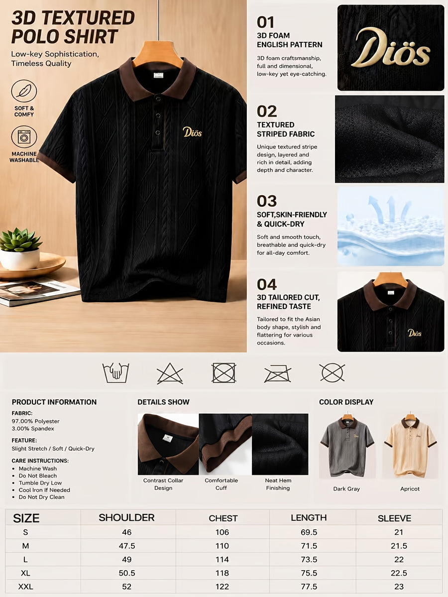 999-9, Father'S Day Promotion, High-Quality Men'S Short Sleeve Collared Golf Polo Shirt, Frosted 3D English Pattern, Textured Striped Fabric, Soft And Skin-Friendly Quick-Dry, 3D Cut, Low-Key And Tasteful. Suitable for Business Office - Apricot