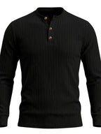 1pc Men's Casual Jacquard Henley Shirt, Autumn/Winter Stretchy Striped Jacquard Textured Fabric Long-Sleeve Polo Shirt, Outdoor Sports Versatile Base Layer Top - Black