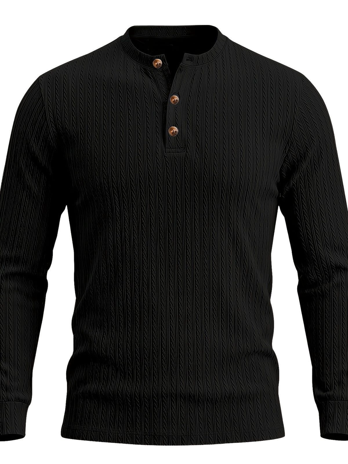 1pc Men's Casual Jacquard Henley Shirt, Autumn/Winter Stretchy Striped Jacquard Textured Fabric Long-Sleeve Polo Shirt, Outdoor Sports Versatile Base Layer Top - Black