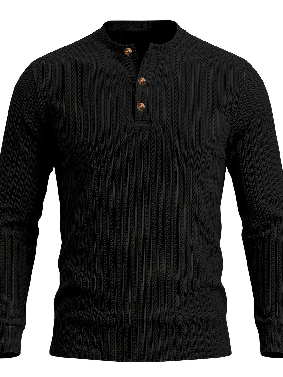 1pc Men's Casual Jacquard Henley Shirt, Autumn/Winter Stretchy Striped Jacquard Textured Fabric Long-Sleeve Polo Shirt, Outdoor Sports Versatile Base Layer Top - Black