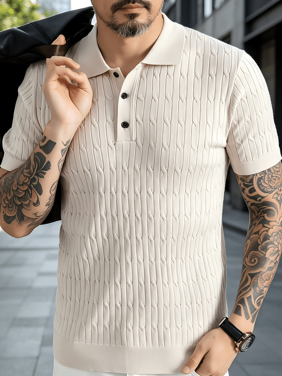 American-style Mature Middle-aged Men's Vertical Rib-knit Polo Shirt, Summer Lightweight Solid Color Lapel Short Sleeve, Urban Outdoor Street Style Loose-fit Textured Business Casual Top - Yami Apricot