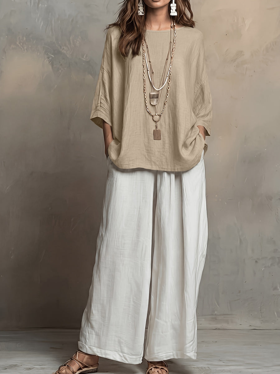 Bohemian Spring Summer New Loose Elegant Color-Block Set Women'S Round Neck Short Sleeve Solid Top And High-Waist Wide-Leg Pants 2pcs Set Western Casual Vacation Suit - Khaki
