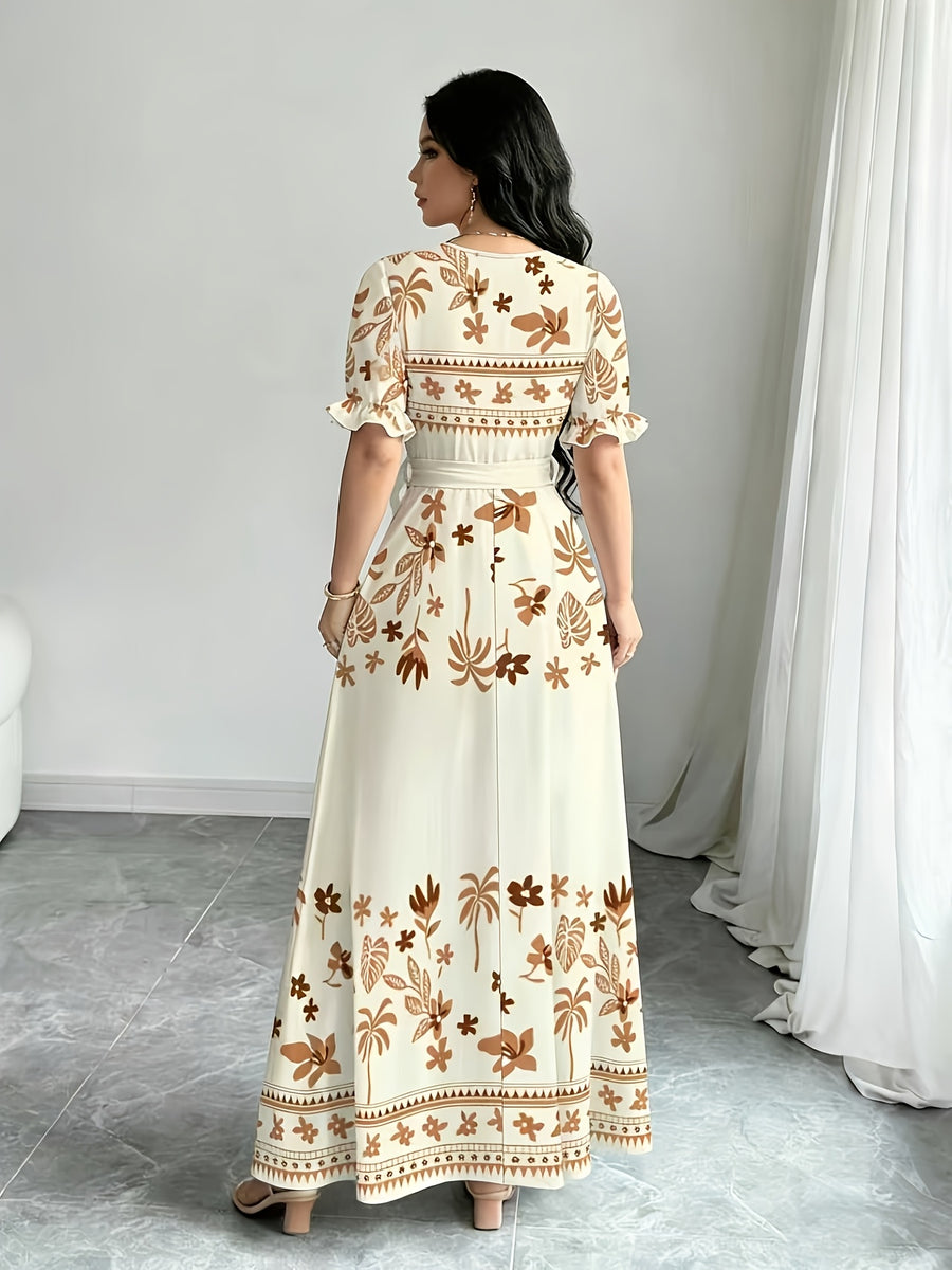 Women'S Floral And Geometric Digital Print A-Line Dress with a Round Neck And Short Sleeves, a Fitted Dress for Spring And Summer, Elegant Evening Gown for Women - Apricot