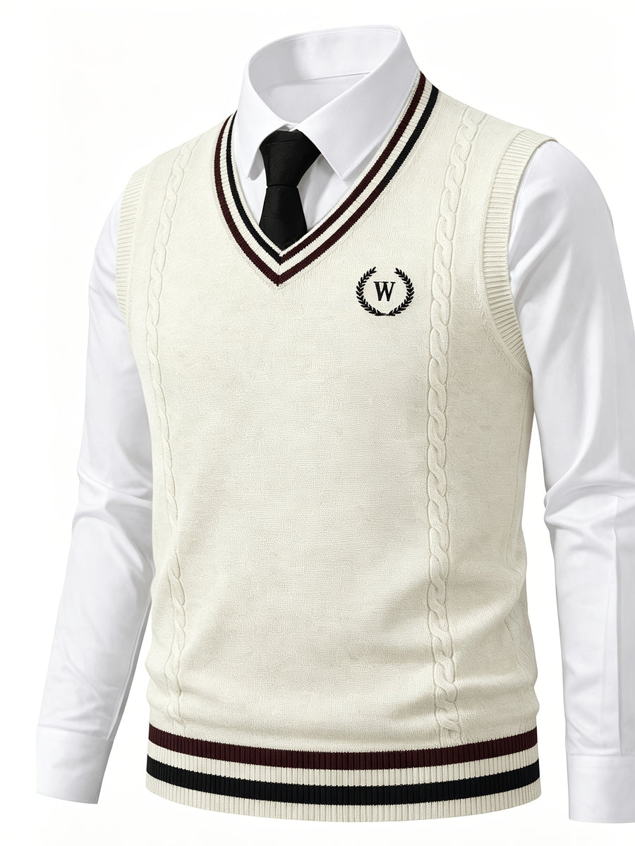 Men's Cable Knit Sweater Vest Sleeveless Striped Trim & Embroidered Logo Waistcoat - Preppy Business Casual Fall Winter Knit Vest Suitable for Office, Semi-Formal Wear, Layering Piece - Apricot