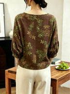 Vintage Forest-Style Floral and Botanical Print Blouse with Crew Neck, Lantern Sleeves, Side Drawstrings, Loose Fit, Effect, Five-Quarter Sleeves for Casual Outings - Coffee Color
